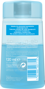 Tył butelki płynu do demakijażu wodoodpornego 120ml. Widoczny niebieski płyn i biała etykieta z opisem.