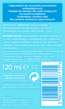 Tył jasnoniebieskiej butelki Ziaja dwufazowy płyn do demakijażu, z widocznym składem i kodem kreskowym.
