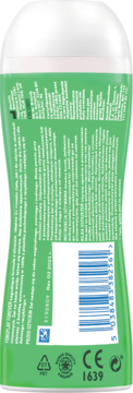 Tył zielonej, profilowanej butelki Durex żel intymny i do masażu 2w1 Aloe Vera, z polskimi informacjami i kodem kreskowym.