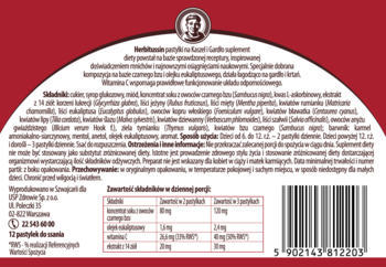 Tył czerwonego opakowania Herbitussin na Kaszel i Gardło z białą etykietą, tabelą składników i instrukcjami.