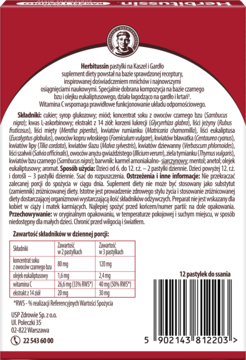 Czerwone opakowanie Herbitussin pastylki na kaszel i gardło, widok z tyłu z listą składników i kodem EAN.