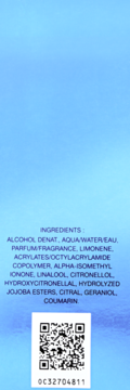 Tył opakowania Davidoff Cool Water Woman, widoczna lista składników i kod QR na błękitnym tle.