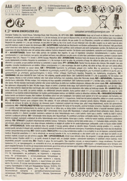 Opakowanie baterii alkalicznej Energizer AAA, widok z tyłu, z kodem kreskowym i ostrzeżeniami.