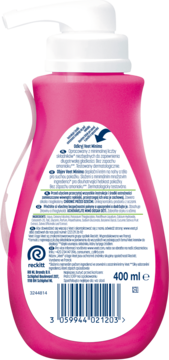 Różowa butelka z pompką Reckitt 400 ml, widok z tyłu opakowania z etykietą i kodem kreskowym.