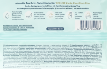 Tył opakowania nawilżanego papieru toaletowego Alouette Deluxe z rumiankiem i Aloe Vera. Biało-niebieskie, pH neutralne.