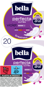 Dwa fioletowe opakowania Bella Perfecta Ultra violet, ultracienkich podpasek z Silky Drai, widok z przodu.