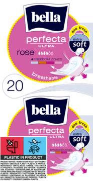 Dwie paczki supercienkich podpasek Bella Perfecta Ultra Rose, "extra soft" i "deo fresh", z napisem "20" sztuk, widok z przodu.