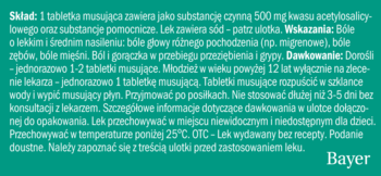 Tekst ulotki leku Bayer z kwasem acetylosalicylowym na ból i gorączkę, białe litery na zielonym tle.