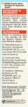 Tylne opakowanie Isana Korektora na wypryski, średni, biało-niebieskie, z opisem i składnikami.