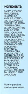 Isana korektor średni matujący, tył opakowania z pełną listą składników aktywnych, na jasnoniebieskim tle.