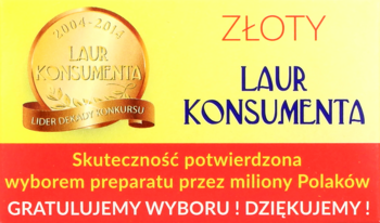 Złoty Laur Konsumenta dla Asparaginian Extra, złoty medal na żółto-czerwonym tle z tekstem nagrody.