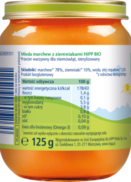 Tył szklanego słoiczka HiPP BIO Młoda marchew z ziemniakami 125g, z etykietą i składem.