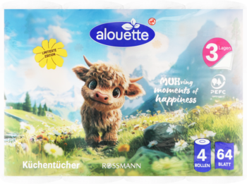 Alouette ręczniki kuchenne 4 rolki 64 listki, 3 warstwowe, opakowanie z uroczym cielakiem w górskim pejzażu.