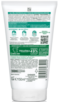 Tył białej tubki Garnier Czysta Skóra 3w1 żel-peeling-maska z instrukcją i certyfikatami, 150ml, do cery tłustej.
