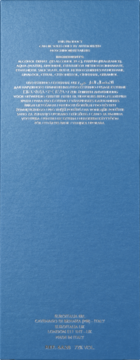 Tył niebieskiego opakowania wody toaletowej Moschino I Love Love z białymi napisami. Widoczne informacje o produkcie w wielu językach.