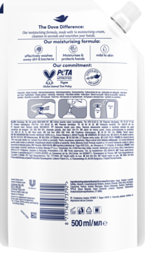 Tył białego zapasu mydła Dove Nourishing Silk z instrukcją uzupełniania, logo PETA i pojemnością 500 ml.