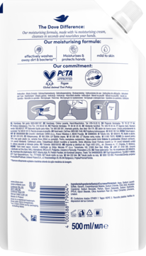 Tył białego opakowania uzupełniającego Dove mydło w płynie 500 ml z opisem formuły i certyfikatem PETA.