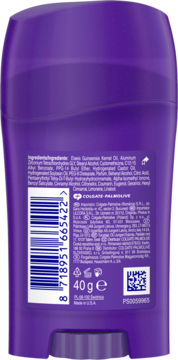 Tylna strona fioletowego antyperspirantu Lady Speed Stick 40g z etykietą, składnikami i kodem.