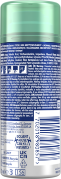 Tył srebrnego dezodorantu w sprayu Gillette Series 75ml z zieloną nakrętką i ostrzeżeniem 'Solvent Abuse'.