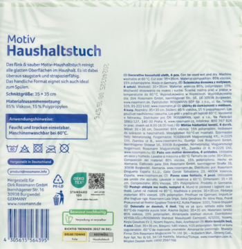 Tył białej ściereczki domowej Flink & Sauber (35x35cm) z motywem palm, logo Rossmann, opis.