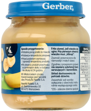 Tył szklanego słoiczka Gerber bananowego deserku dla niemowląt, z niebieską nakrętką i etykietą z opisem produktu.