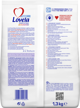 Tył dużego opakowania hipoalergicznego proszku Lovela Baby Color do ubranek dziecięcych, z fioletowymi napisami i kodem kreskowym, 1,3 kg.