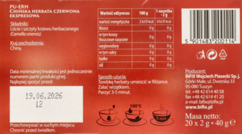Tył czerwonego opakowania herbaty Pu-Erh, z tabelą wartości odżywczych, instrukcjami i datą ważności 19.06.2026.