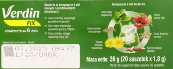 Verdin FIX, tył zielonego kartonowego opakowania suplementu diety. Widoczna ilustracja 6 ziół na trawienie i waga netto.