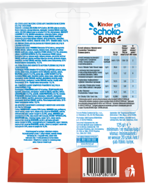 Tył opakowania czekoladek Kinder Schoko-Bons 125g. Widać tabelę wartości odżywczych i listę składników.