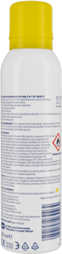 Scholl Dezodorant do stóp 3w1, 150ml. Widok z tyłu białej puszki z żółtą zakrętką, z tekstem i symbolami.