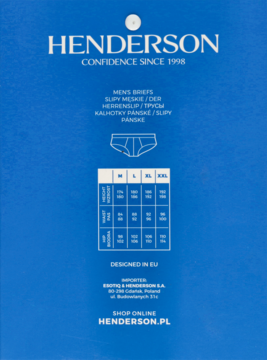 Front niebieskiego opakowania majtek męskich Henderson z logo, hasłem i tabelą rozmiarów M-XXL.