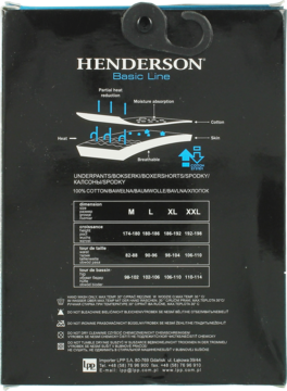 Tył czarnego opakowania bokserek męskich Henderson Basic Line z logo, schematami i tabelą rozmiarów.