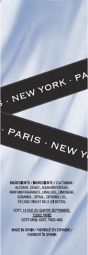 Tył opakowania damskiej wody toaletowej Pret-a-Porter, z listą składników oraz czarnymi wstążkami 'New York Paris'.