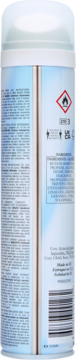 Tył białego dezodorantu Pret-a-Porter Coty w sprayu, z niebieskimi akcentami, symbolami ostrzegawczymi i kodem kreskowym.