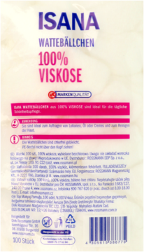 Tył opakowania wacików kosmetycznych Isana 100% wiskozy, białe z różowymi paskami i niemieckim tekstem.