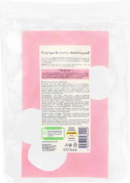 Tył opakowania różowych wacików kosmetycznych, wybielanych bezchlorowo, z widocznym tekstem i informacją o 100 sztukach.