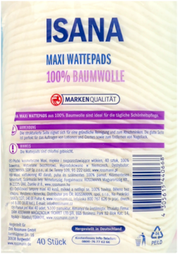 Isana Maxi Wattepads, białe płatki 100% bawełny w plastikowym opakowaniu, widok z przodu, 40 sztuk.