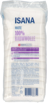 Tył opakowania: Wata bawełniana Isana, 100%. Worek foliowy z białym produktem, widoczne etykiety i kod.