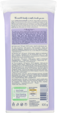 Tył fioletowego opakowania waty bawełnianej 100%. Widoczny cytat, opis i składniki. Wybielana bezchlorowo.