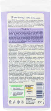 Tył opakowania wata bawełniana Isana, 100g, fioletowe, z tekstem informacyjnym w wielu językach.