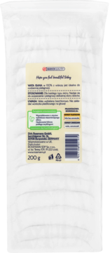 Tył białego opakowania waty z wiskozy 200 g, z widoczną żółtą etykietą i informacjami do pielęgnacji.