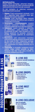 Instrukcja użycia i gama produktów B-LENS: płyny, krople i spraye do oczu, na niebieskim tle.