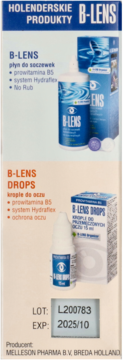 Holenderskie produkty B-LENS: płyn do soczewek i krople do oczu, biało-niebieskie opakowania, widok całości.