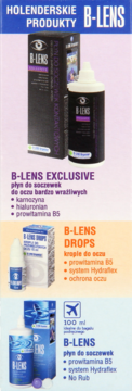 Reklama B-LENS prezentująca trzy zestawy produktów: płyny do soczewek (czarny, niebieski) i krople do oczu (biały).