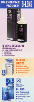 Pionowy panel z produktami B-Lens: płyny do soczewek Exclusive, Drops i 100ml travel, na gradientowym tle.