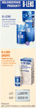 B-Lens płyn do soczewek i B-Lens Drops krople do oczu w niebiesko-białych opakowaniach, widok z przodu.