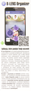 Aplikacja B-LENS Organizer na smartfonie, widoczny interfejs do zarządzania soczewkami kontaktowymi i QR kod.