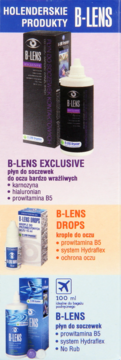 B-LENS: pionowy baner z płynami do soczewek Exclusive, Drops i 100ml, w czerni, bieli i błękicie.