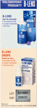 Dwa produkty B-LENS: niebieski płyn do soczewek i pomarańczowe krople do oczu, z numerem partii i datą EXP.