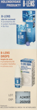 Produkty B-LENS: płyn do soczewek i krople do oczu w niebieskich opakowaniach, z widoczną datą ważności 2029/01.